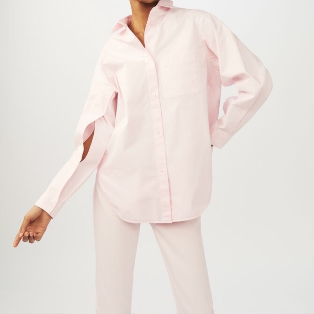 NWT Maje Chilo Rose Pink Solid Denim Jean Collared Long Sleeve Button Down Shirt